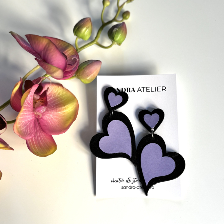 Cercei inima - Cercei piele inimi lila si negru