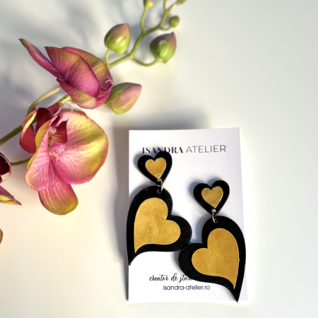 Cercei inima - Cercei piele inimi galben si negru