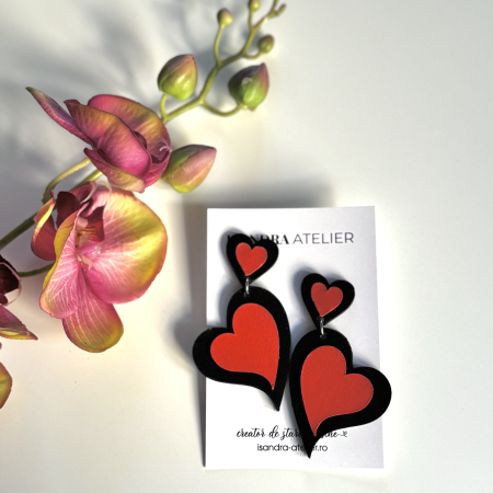 Cercei inima - Cercei piele inimi rosu si negru