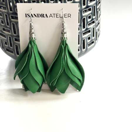 Cercei piele - Cercei piele magnolie verde