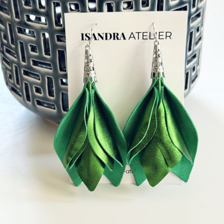 Cercei piele - Cercei piele magnolie verde stralucitor