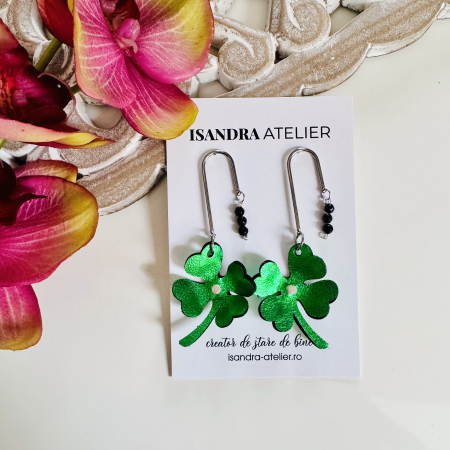 Cercei floare - Cercei piele trifoi verde stralucitor