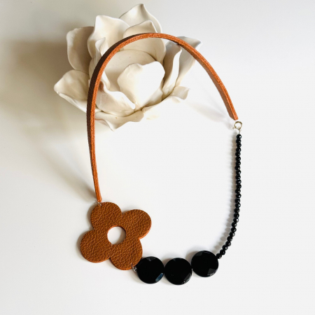 Bijuterii din argint 925 - Colier piele Hortensie caramel cu onix