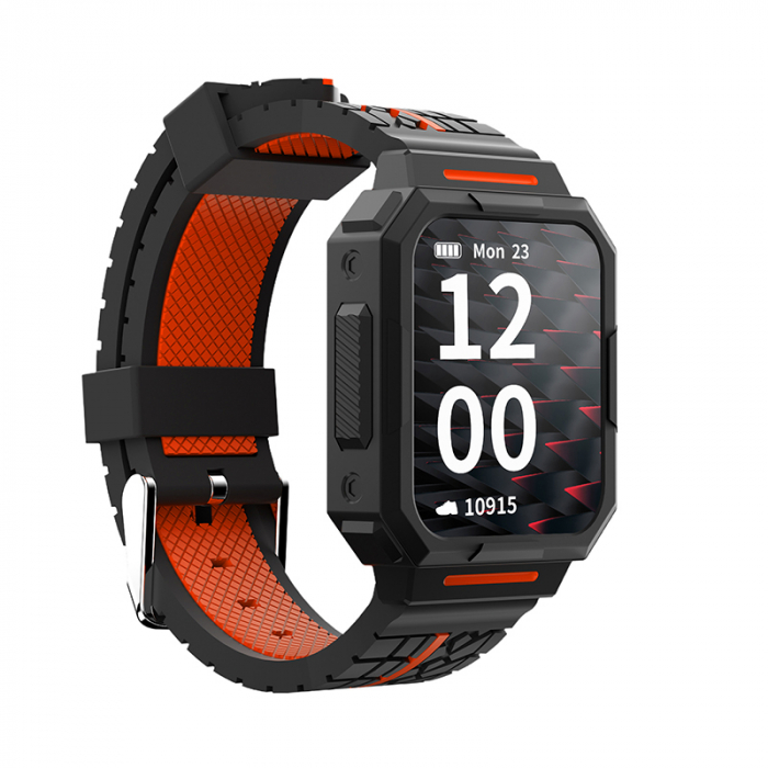 Smartwatch iSEN Watch C1 Negru cu portocaliu, IPS 1.7", Puls, Presiune sanguina, Saturatie oxigen, Monitorizare somn, Bt v5.0, IP67, 230mAh [12]