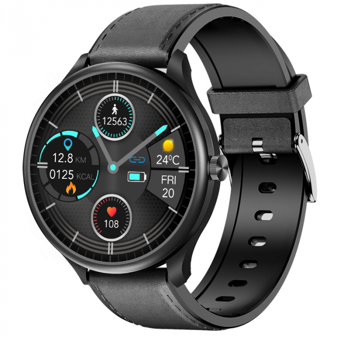 Smartwatch iSEN Watch M10 Negru cu bratara neagra din piele, 1.3", ECG, PPG, Ritm cardiac, Presiune sanguina, Temperatura, Apelare [1]