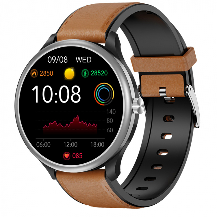 Smartwatch iSEN Watch M10 Silver cu bratara maro deschis din piele, 1.3", ECG, PPG, Ritm cardiac, Presiune sanguina, Temperatura, Apelare [1]
