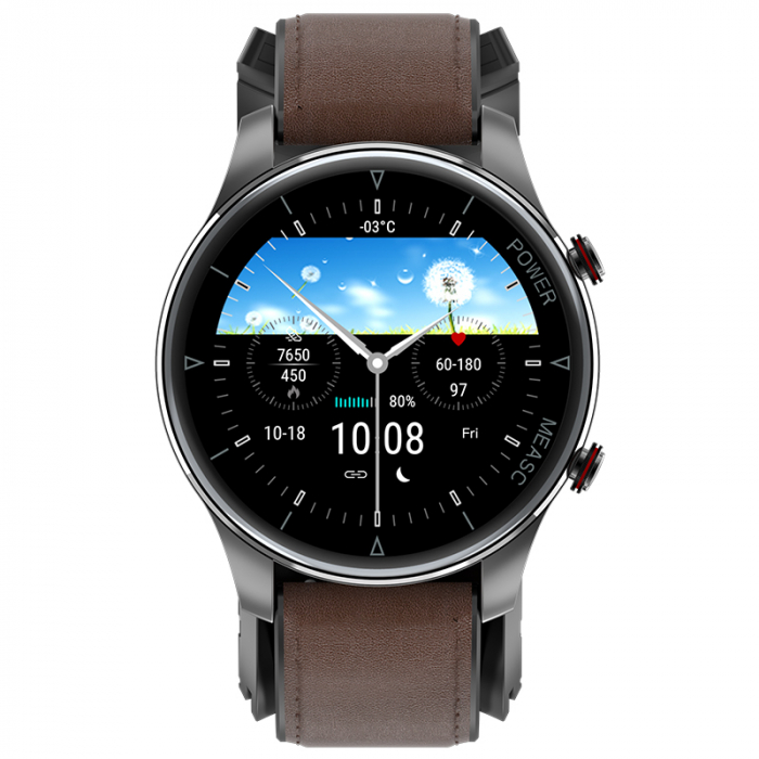 Smartwatch iSEN Watch P50 Negru cu bratara maro inchis din piele, IPS 1.3", Tensiometru cu manseta gonflabila, Temperatura, Oxigen [2]