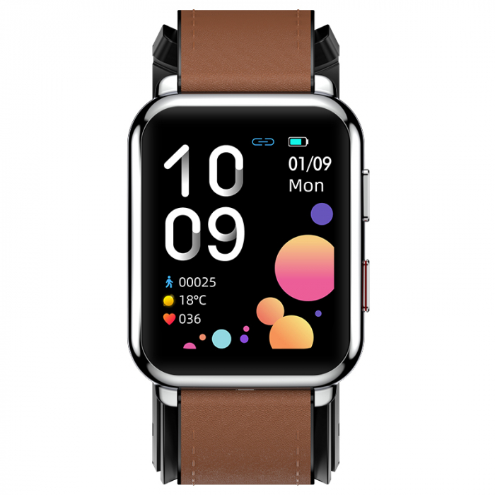 Smartwatch iSEN Watch P80 Silver cu bratara maro din piele, 1.65" HD, Tensiometru cu manseta gonflabila, Ritm cardiac, Temperatura, Oxigen [3]