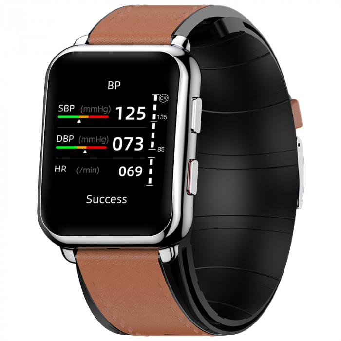 Smartwatch iSEN Watch P80 Silver cu bratara maro din piele, 1.65" HD, Tensiometru cu manseta gonflabila, Ritm cardiac, Temperatura, Oxigen [2]