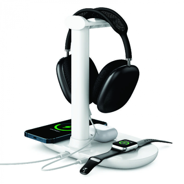 Suport casti / Incarcator wireless iSEN 4 in 1 Alb, Incarcator casti 3W max, Incarcator ceas 2W max, Incarcator telefon 15W max [4]