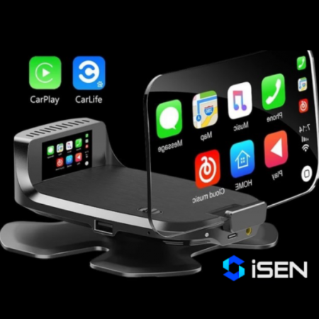 Gadgets - Display de bord pentru parbriz iSEN Smart CarPlay HUD pentru motorizari benzina 12V, Proiectie HD, OBD2, Telecomanda volan, Asistent vocal