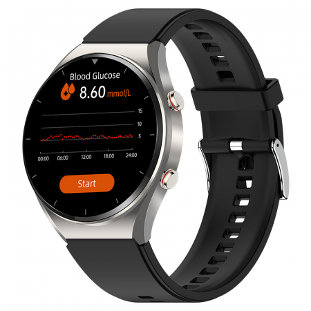 iSEN - Smartwatch iSEN Watch E09, Silver cu bratara neagra din TPU, Monitorizare zahar din sange, tensiune, temperatura, somn, EKG, HR, Oximetru