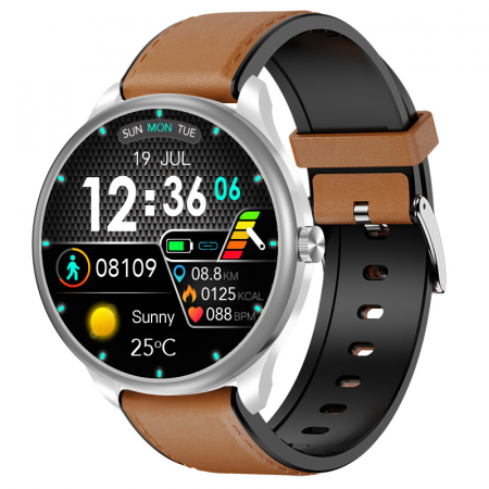 iSEN - Smartwatch iSEN Watch M3 Silver cu bratara maro deschis de piele, 1.3" Touchscreen, Bt Call, IP68, 240mAh, HR, Tensiune, Notificari, Muzica