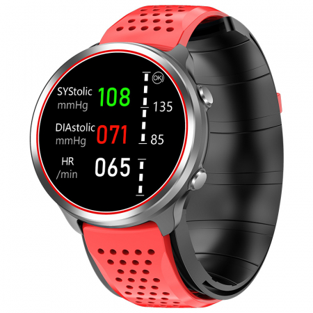 iSEN - Smartwatch iSEN Watch P30 Gri cu Rosu cu bratara rosie din TPU, 1.3", Tensiometru cu manseta gonflabila, Temperatura, Oxigen