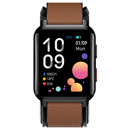 Smartwatch iSEN Watch P80 Negru cu bratara maro din piele, 1.65" HD, Tensiometru cu manseta gonflabila, Ritm cardiac, Temperatura, Oxigen [2]