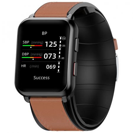 Smartwatch iSEN Watch P80 Negru cu bratara maro din piele, 1.65" HD, Tensiometru cu manseta gonflabila, Ritm cardiac, Temperatura, Oxigen [1]