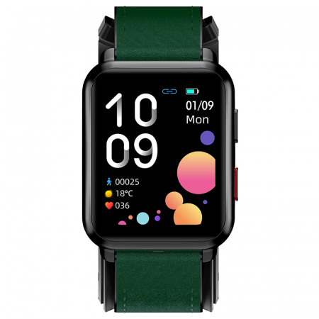 Smartwatch iSEN Watch P80 Negru cu bratara verde din piele, 1.65" HD, Tensiometru cu manseta gonflabila, Ritm cardiac, Temperatura, Oxigen [1]
