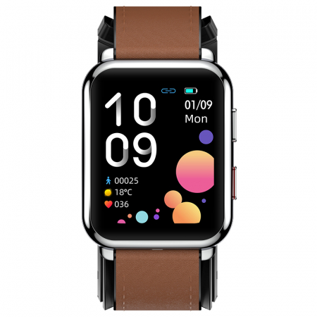 Smartwatch iSEN Watch P80 Silver cu bratara maro din piele, 1.65" HD, Tensiometru cu manseta gonflabila, Ritm cardiac, Temperatura, Oxigen [2]