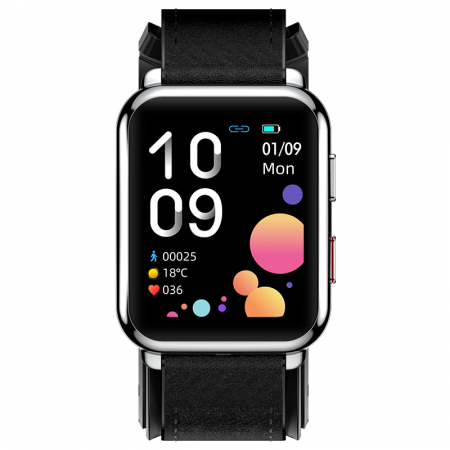 Smartwatch iSEN Watch P80 Silver cu bratara neagra din piele, 1.65" HD, Tensiometru cu manseta gonflabila, Ritm cardiac, Temperatura, Oxigen [2]