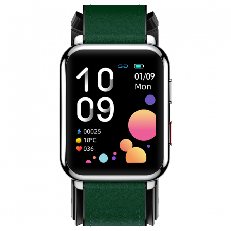 Smartwatch iSEN Watch P80 Silver cu bratara verde din piele, 1.65" HD, Tensiometru cu manseta gonflabila, Ritm cardiac, Temperatura, Oxigen [1]