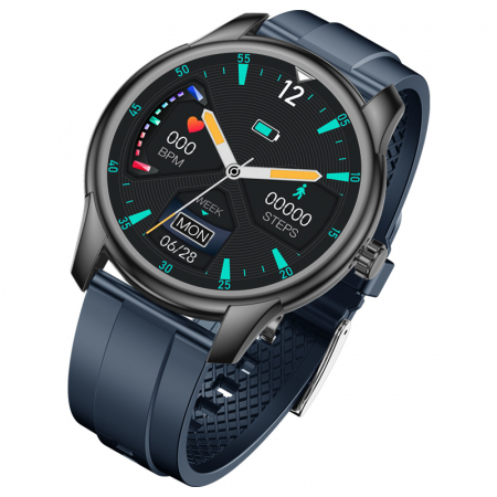 Bratari si Ceasuri Sport - Smartwatch iSEN Watch W9 Negru cu bratara bleumarin din TPU, 1.3" Display costomizabil, IP68, 200mAh, HR, Tensiune, Notificari, Muzica