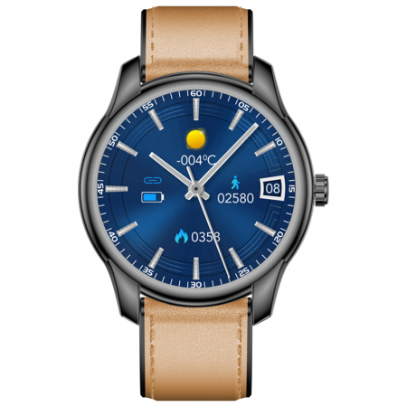 iSEN - Smartwatch iSEN Watch W9 Negru cu bratara maro deschis din piele, 1.3" Display costomizabil, IP68, 200mAh, HR, Tensiune, Notificari, Muzica