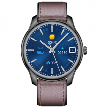 Bratari si Ceasuri Sport - Smartwatch iSEN Watch W9 Negru cu bratara maro inchis din piele, 1.3" Display costomizabil, IP68, 200mAh, HR, Tensiune, Notificari, Muzica