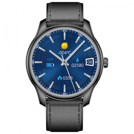 Bratari si Ceasuri Sport - Smartwatch iSEN Watch W9 Negru cu bratara neagra din piele, 1.3" Display costomizabil, IP68, 200mAh, HR, Tensiune, Notificari, Muzica