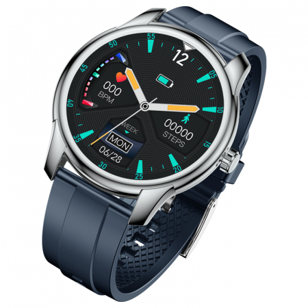 iSEN - Smartwatch iSEN Watch W9 Silver cu bratara bleumarin din TPU, 1.3" Display costomizabil, IP68, 200mAh, HR, Tensiune, Notificari, Muzica
