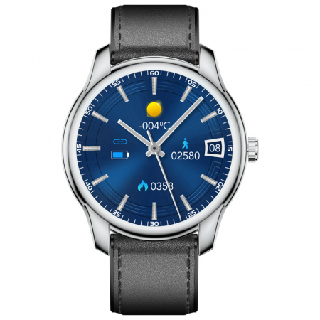 Bratari si Ceasuri Sport - Smartwatch iSEN Watch W9 Silver cu bratara neagra din piele, 1.3" Display costomizabil, IP68, 200mAh, HR, Tensiune, Notificari, Muzica