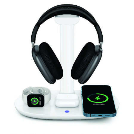 Gadgets - Suport casti / Incarcator wireless iSEN 4 in 1 Alb, Incarcator casti 3W max, Incarcator ceas 2W max, Incarcator telefon 15W max