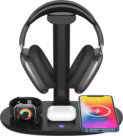 Suport casti / Incarcator wireless iSEN 4 in 1 Negru, Incarcator casti 3W max, Incarcator ceas 2W max, Incarcator telefon 15W max [3]
