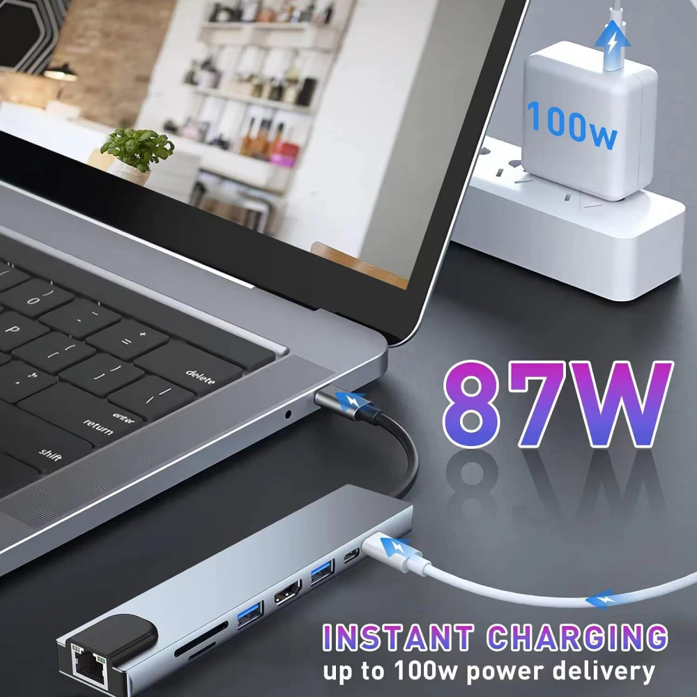Adaptor Multifuncțional 8 in 1 USB-C, HDMI , RJ45, Cititor de carduri SD și microSD [6]