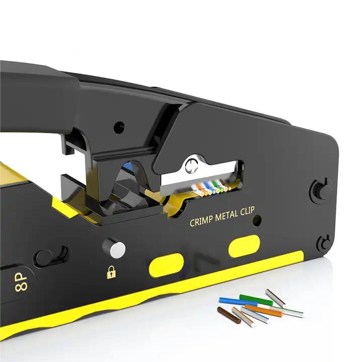 Cleste sertizare RJ45 Passthrough Cat 7, RJ12, dezizolare si taiere cablu, Negru - Galben [2]