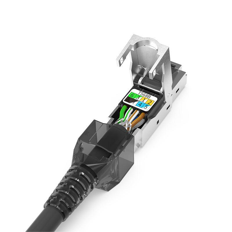 Conector Rj45 cu autosertizare, Cat. 8 pentru Cablu cu fire groase STP / SFTP Tool-Less, Modular, Negru [5]
