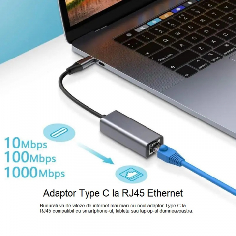 Adaptor Type C la RJ45 Ethernet Gigabit, 1000 mbps, Argintiu [3]