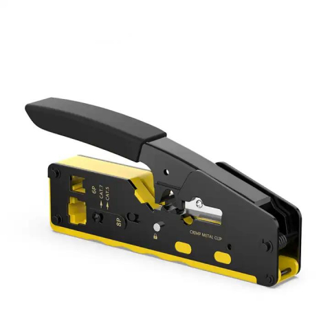 Clesti sertizare RJ45 - Cleste sertizare RJ45 Passthrough Cat 7, RJ12, dezizolare si taiere cablu, Negru - Galben