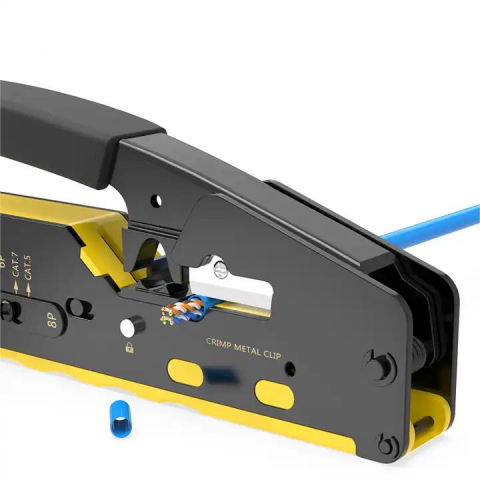 Cleste sertizare RJ45 Passthrough Cat 7, RJ12, dezizolare si taiere cablu, Negru - Galben [3]