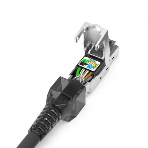 Conector Rj45 cu autosertizare, Cat. 8 pentru Cablu cu fire groase STP / SFTP Tool-Less, Modular, Negru [4]