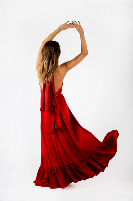 ALMA — Red Open Back French Satin Dress [3]