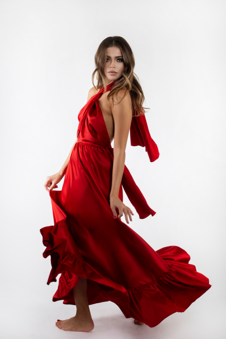 ALMA — Red Open Back French Satin Dress [2]