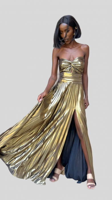Aurora – Rochie Maxi Plisată din Lycra Metalizată cu Corset Sculptat și Crăpătură Adâncă [2]