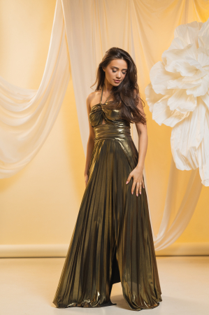 Aurora – Gold Pleated Maxi Dress with Sculpted Bustier and Dramatic Slit [1]