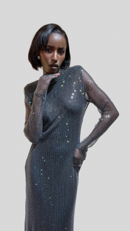 Noirée – Rochie lungă strălucitoare cu mâneci lungi din plasă [2]