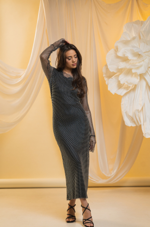 Noirée – Rochie lungă strălucitoare cu mâneci lungi din plasă [3]