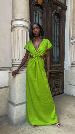 Rochie lungă din in natural Selena – croială lejeră și decupaje laterale [2]