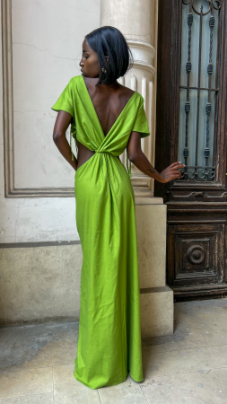 Rochie lungă din in natural Selena – croială lejeră și decupaje laterale [3]