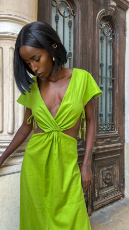 Rochie lungă din in natural Selena – croială lejeră și decupaje laterale [1]