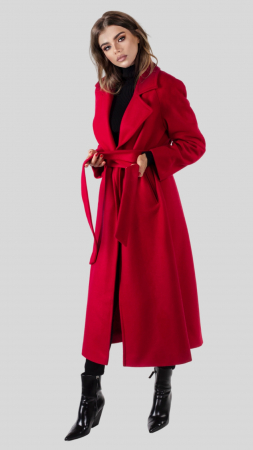 COATS & SUITS - Palton roșu damă din lână virgină cu cordon – Selena | Palton elegant iarnă 100% lână