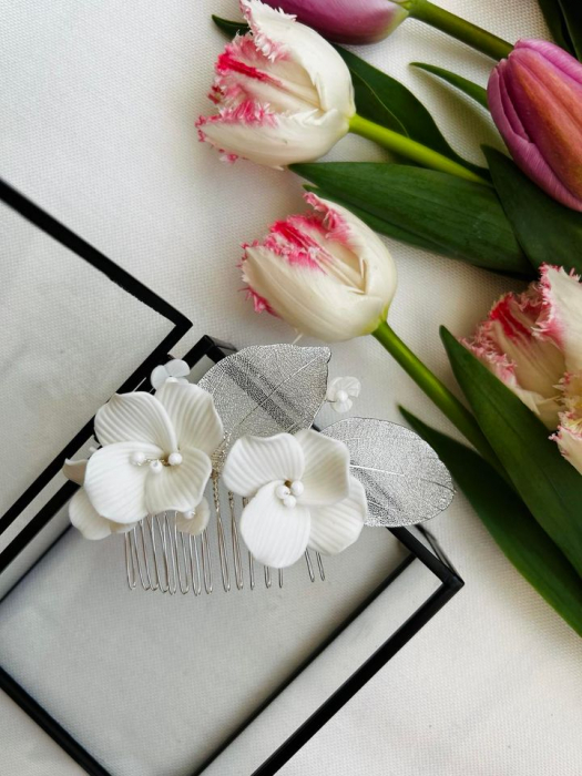 Accesoriu  “Bloom” cu flori din ceramica si frunze argintate [3]